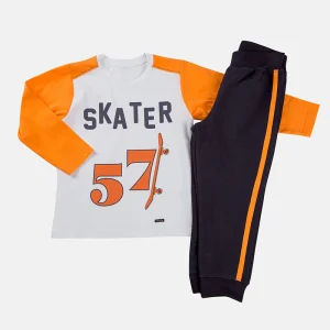 Completo in cotone elasticizzato con stampa e pantalone in contrasto con bande laterali