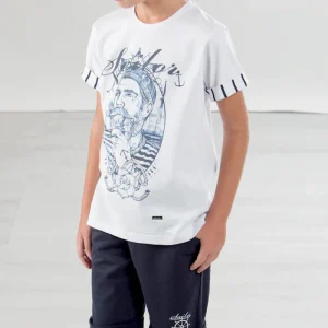 Completo mezza manica con bermuda in cotone elasticizzato rigato con stampe e risvolti