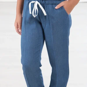 Pantalone in tela jeans con coulisse e risvolto