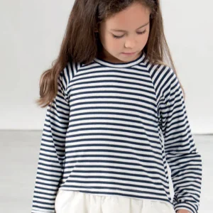 Maglia a manica lunga in maglina rigata con lurex con balza in tela sangallo sul fondo