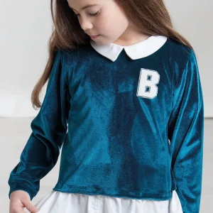 Maglia in velluto con inserti in tela di cotone effetto camicia, ricamo lato cuore con inserto in ecopelliccia