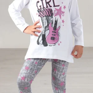 Completo manica lunga in cotone elasticizzato con stampa e leggings fantasia effetto jeans con stelle