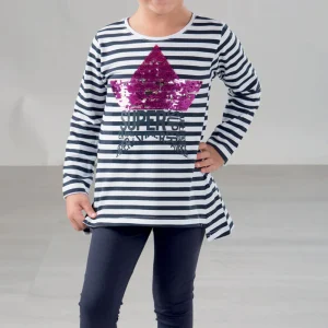 Completo manica lunga in cotone elasticizzato con maglia rigata, stampa con paillettes reversibili e spacchi sul fondo e leggings in contrasto