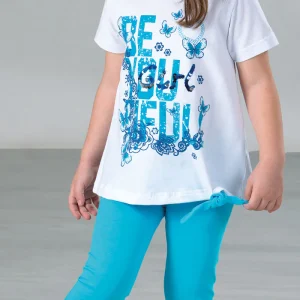 Completo in cotone elasticizzato con stampa, paillettes ricamate, nodo sul fondo e pinocchietto in contrasto