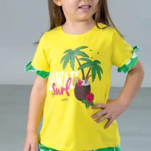 Completo in cotone elasticizzato con stampa rouches fondo manica e pantaloncino fantasia con coulisse in contrasto