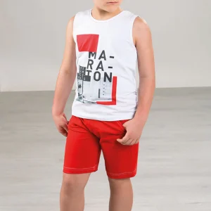 Completo mezza manica in cotone con stampa e pantaloncino in contrasto con tasche