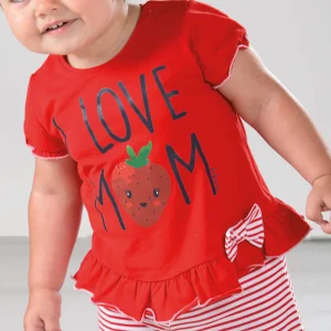 Completo mezza manica in cotone con stampa balza fiocco e short rigato