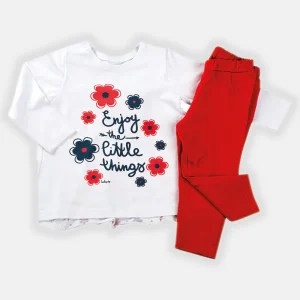 Completo manica lunga in cotone elasticizzato con stampa ed inserto fantasia sul retro + leggings in contrasto