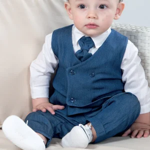 Completo 3 Pezzi: Body a camicia m/l in tela di cotone con cravattino staccabile + gilet doppio petto in tessuto gessato + pantalone con tasche e risvolti