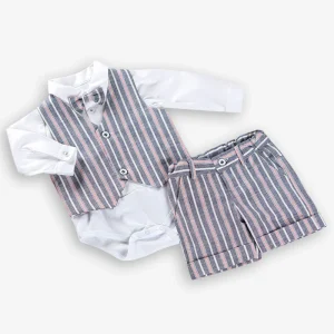 Completo 3 pz: Body a camicia in tela di cotone con papillon + gilet in tessuto effetto lino rigato + bermuda con tasche e risvolti sul fondo