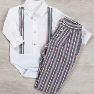 Completo 2 pz: Body a camicia m/l in tela di cotone con bretelle + pantalone in tessuto effetto lino con tasche, pence e bottoncini