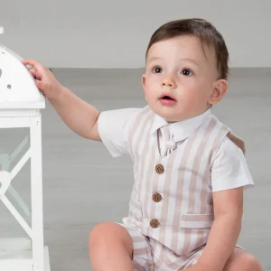 Completo 3 pezzi : Camicia a body in tela di cotone con cravattino rigato + bermuda in tessuto effetto lino rigato e gilet