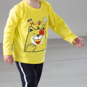 Completo in cotone elasticizzato con stampa e pantalone con bande laterali in contrasto