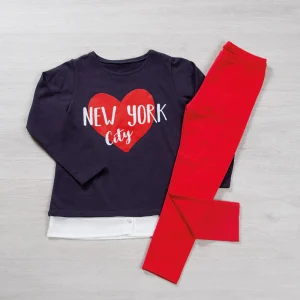 Completo in cotone elasticizzato garzato con stampa inserto finta camicia sul fondo e leggings in contrasto