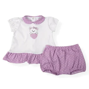 Completo 2 pezzi mezza manica in cotone elasticizzato con inserti e balza arricciata in contrasto fantasia pois