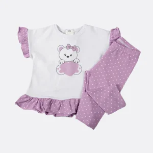 Completo 2 pezzi in cotone elasticizzato con stampa rouches e balza + leggings a pinocchietto fantasia a pois