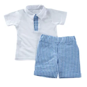 Completo 2 pezzi : Polo in cotone con fenda rigata + Bermuda in tela effetto lino rigato con risvolto sul fondo