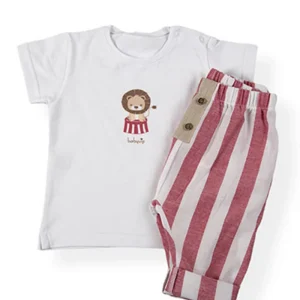 Completo 2 pz: T-shirt in cotone elasticizzato con stampa e Pantalone modello cavallo basso con applicazione in nastro juta e bottoni