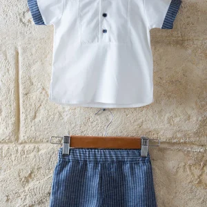 Completo 2 Pz : Camicia in tela di cotone con taglio quadro ed abbottonatura - inserti fondo manica in  contrasto e bermuda in tela effetto lino rigato