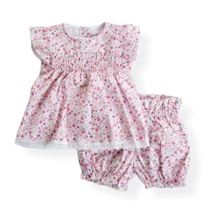 Completo in tela di cotone organico fantasia provenzale con punto smock e pizzo applicato