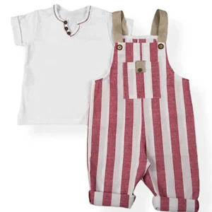 Completo 2 pz: T-shirt in cotone con scollo a “v” - profili in contrasto e bottoncini e Salopette in tela effetto lino rigato con tascone e bretelle in juta
