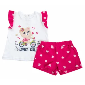 Completo 2 pezzi in cotone con maniche ad aletta, stampa e pantaloncino in cotone elasticizzato fantasia cuori