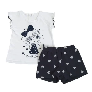 Completo 2 pezzi: t-shirt mezza manica in cotone con stampa, maniche raglan con profilo in contrasto e pantaloncino in cotone elasticizzato fantasia cuori