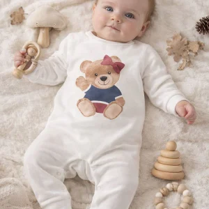 Tutone neonata in felpa organica garzata con stampa orsetta