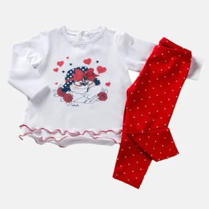 Completo manica lunga in cotone elasticizzato con stampa, rouches sul fondo e leggings in contrasto con fantasia cuori