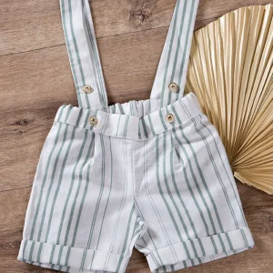 Bermuda con bretelle in lino con pence