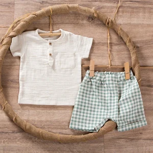 Completo 2 pezzi in cotone organico - camicia in mussola e bermuda con cavallo basso