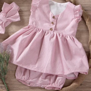 Vestitino in tela di cotone organico con fantasia micro pois e scollatura a V