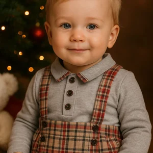 Body a camicia in cotone elasticizzato garzato con colletto, profilo in tessuto scozzese e bottoncini