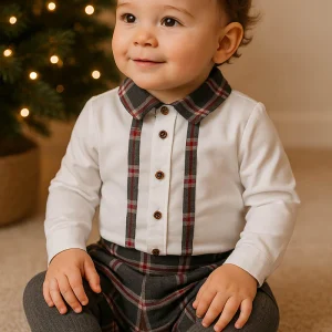 Body a camicia in cotone con colletto a profili in contrasto in flanella a quadri e bottoncini applicati