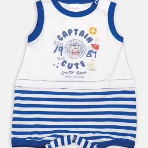 Pagliaccetto smanicato in piquet con stampa ed inserti rigati