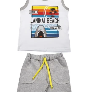 Completo canotta in cotone elasticizzato con stampa e pantaloncino in felpina con risvolti e coulisse in contrasto