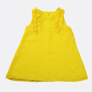 Vestitino smanicato in tela di cotone a fantasia cerchi grande e rousches