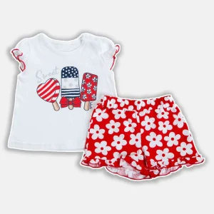 Completo 2 pezzi : T-shirt mezza manica in cotone con stampa, maniche a palloncino con profilo in contrasto + pantaloncino fantasia floeale con rouches sul fondo